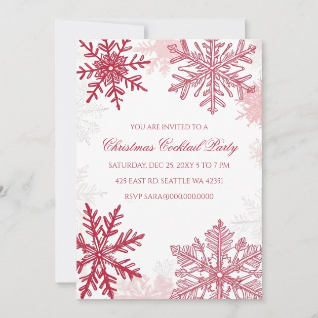 Invitación Elegantes copos de nieve Navidades rojos rosados (Anverso)