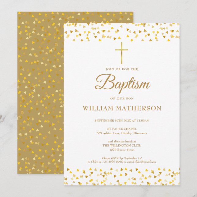 Invitación Elegantes Corazones de Oro Bautizo  (Anverso / Reverso)