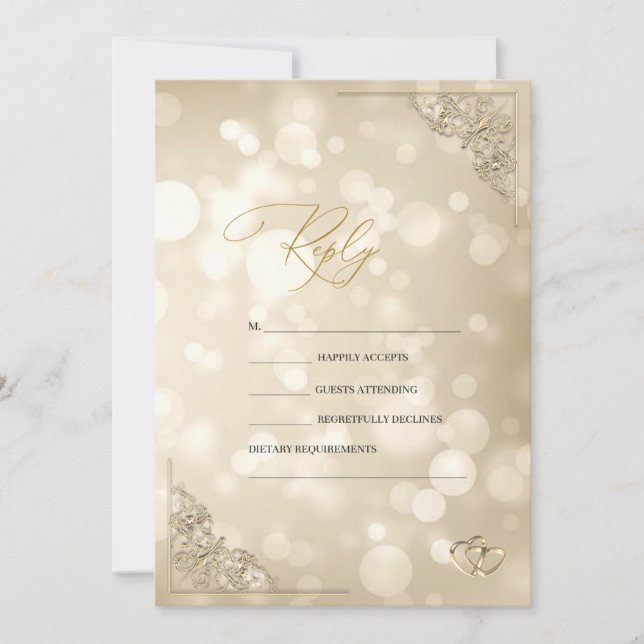 Invitación Elegantes Corazones de Oro Marco Bokeh RSVP (Anverso)