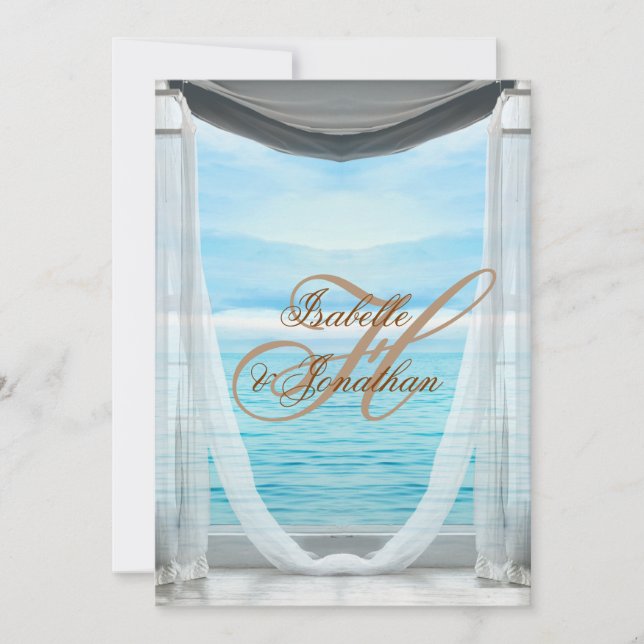 Invitación Elegantes cortinas de bodas de playa y caligrafía  (Anverso)