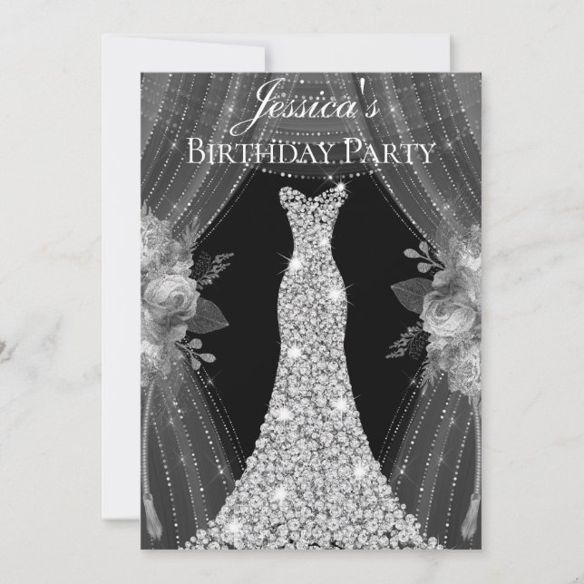 Invitación Elegantes cortinas plateadas con ropa fiesta de cu (Anverso)