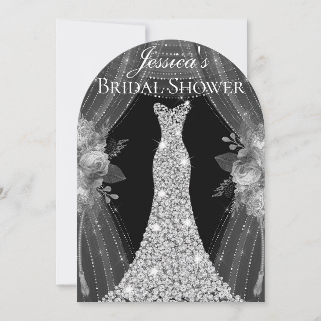 Invitación Elegantes cortinas plateadas Vestido Bridal Ducha  (Anverso)