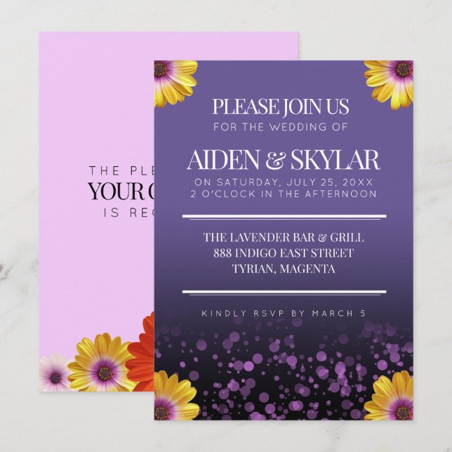 Invitación Elegantes Daisies de Oro con Boda Purpurina Púrpur (Anverso / Reverso)