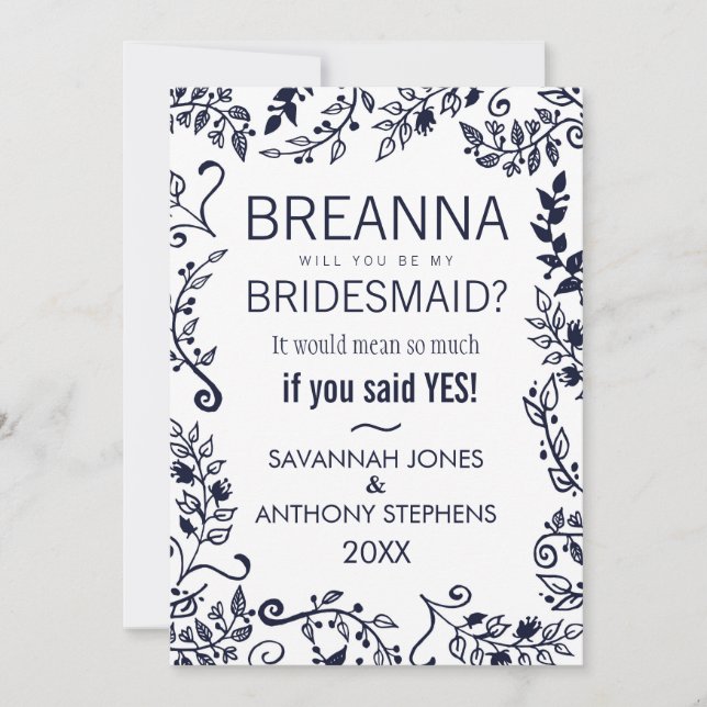 Invitación Elegantes damas de honor azules y blancas (Anverso)