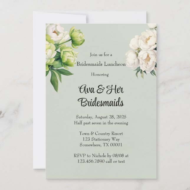 Invitación Elegantes damas de honor de la Peonia Blanca Verde (Anverso)