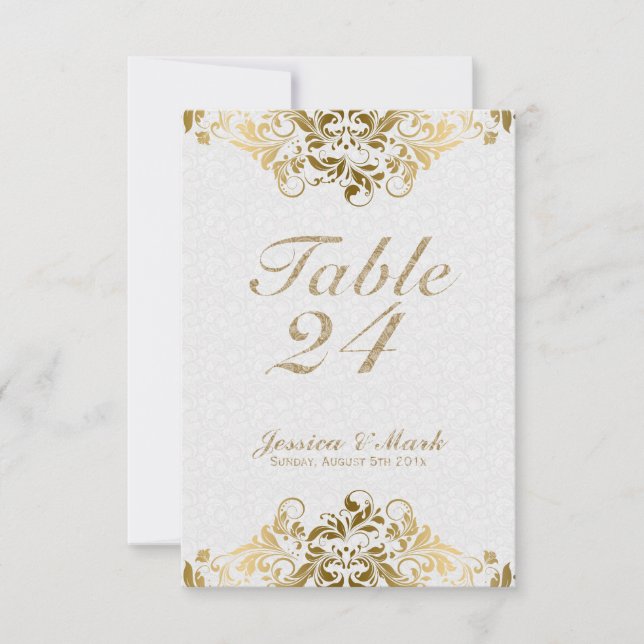 Invitación Elegantes damascos blancos y encaje floral dorado (Anverso)