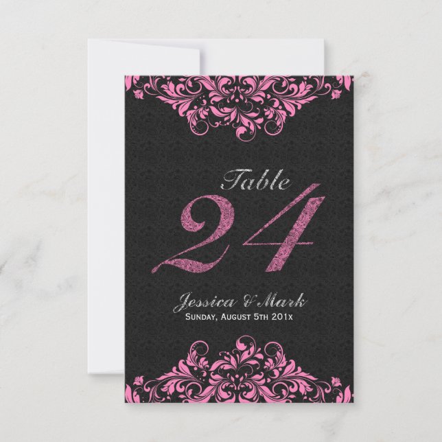 Invitación Elegantes damascos negros y encaje floral rosado (Anverso)