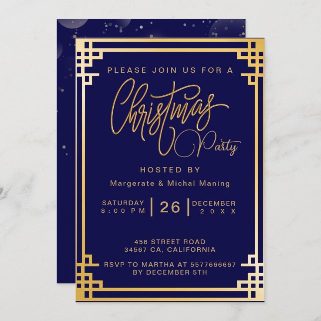 Invitación Elegantes decoraciones doradas y Navidades Purpuri (Anverso / Reverso)