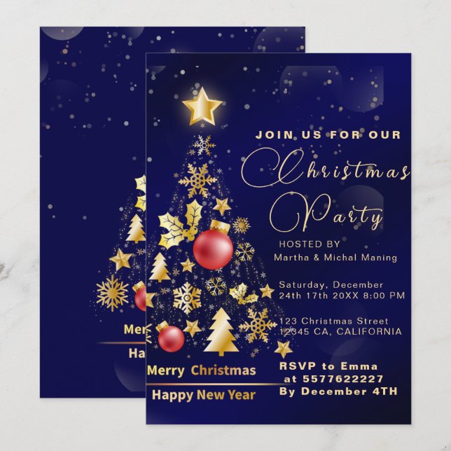 Invitación Elegantes decoraciones doradas y Navidades Purpuri (Anverso / Reverso)