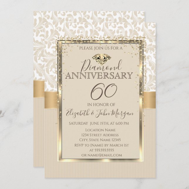 Invitación Elegantes diamantes damasco marco boda aniversario (Anverso / Reverso)