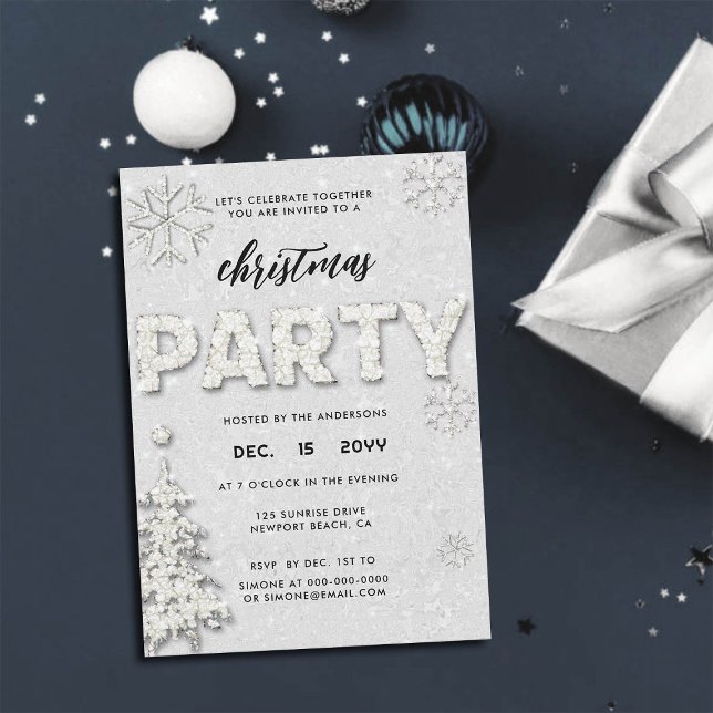 Invitación Elegantes Diamantes de imitación Navidades invitan (rhinestones christmas party invitation glitter snowflakes tree black white festive classy bling chic)