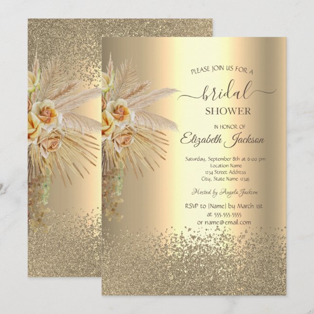 Invitación Elegantes diamantes dorados Boho Flores Bridal Sho (Anverso / Reverso)