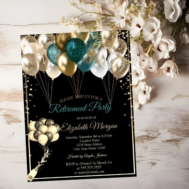 Invitación Elegantes diamantes globos Jubilación negra (Subido por el creador)