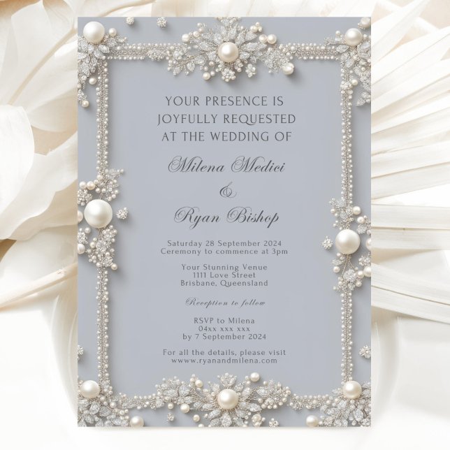 Invitación Elegantes Diamantes y Perlas Azul Pastel Editables (Subido por el creador)