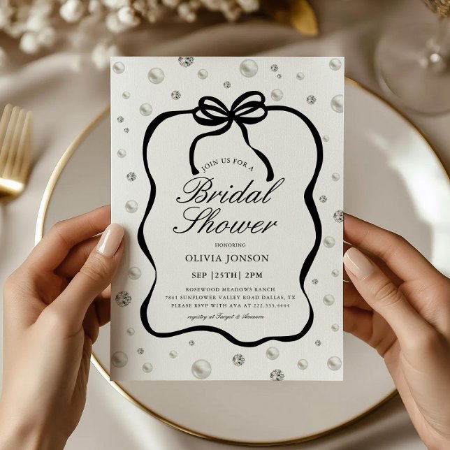 Invitación Elegantes diamantes y perlas doblan ducha de novia (Subido por el creador)