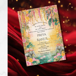 Invitación Elegantes elefantes florales vintage boda india