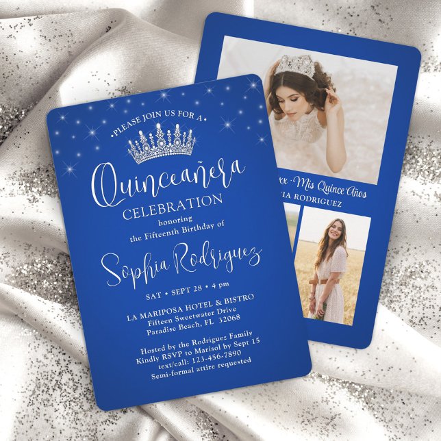 Invitación Elegantes espárragos Quinceañera 3 Foto Azul Real (Subido por el creador)