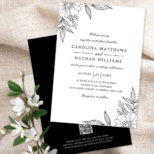 Invitación Elegantes esquinas florales Boda Código QR negro