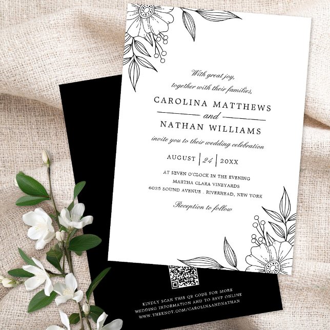 Invitación Elegantes esquinas florales Boda Código QR negro (Subido por el creador)