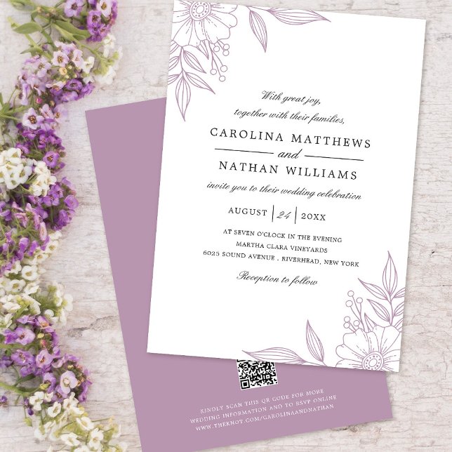 Invitación Elegantes esquinas florales Boda Lavender Código Q (Subido por el creador)
