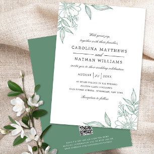 Invitación Elegantes esquinas florales Boda Mint Código QR ve