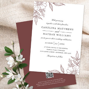 Invitación Elegantes esquinas florales Boda Rojo oxidado Códi