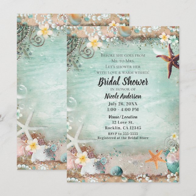 Invitación Elegantes Estrellas de Mar con Perlas para Despedi (Anverso / Reverso)