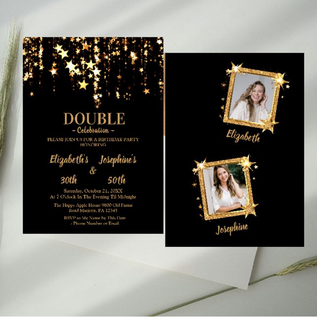 Invitación Elegantes estrellas de oro doble cumpleaños 2 foto (Subido por el creador)