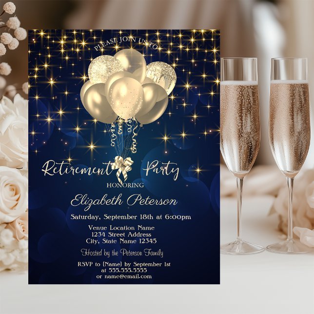 Invitación Elegantes estrellas de oro globos marina retiro az (Subido por el creador)