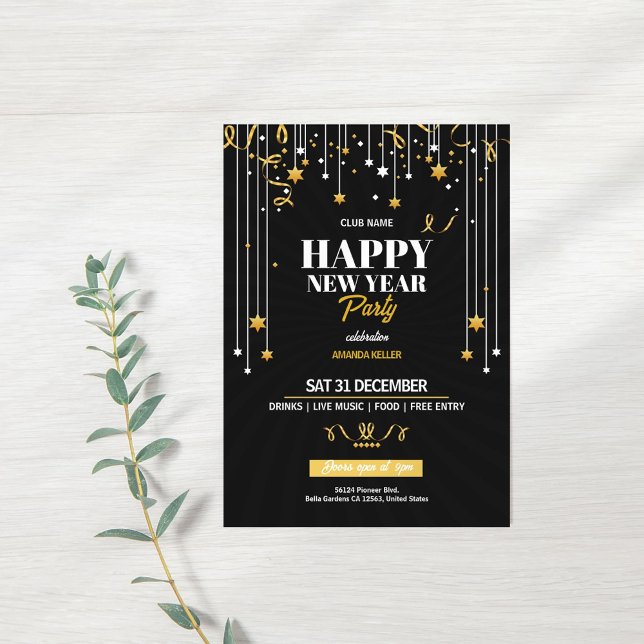 Invitación Elegantes estrellas de oro invitan a fiesta de Año (Subido por el creador)