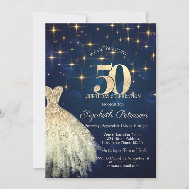 Invitación Elegantes estrellas de oro vestidas con la marina  (Anverso)