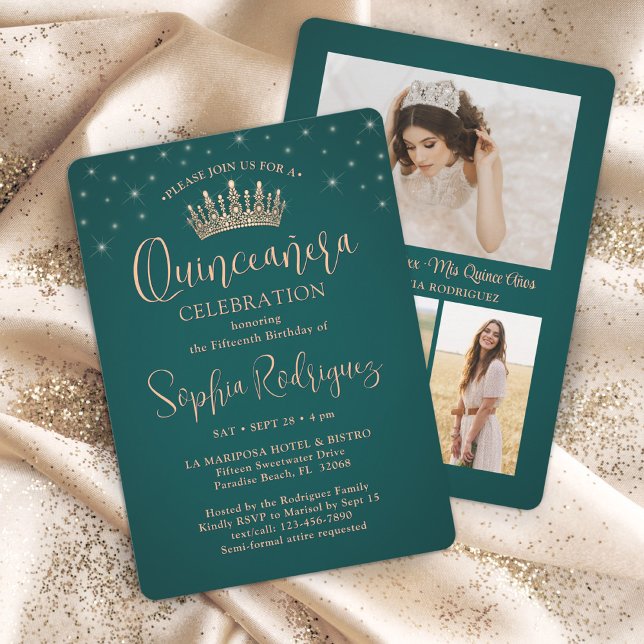 Invitación Elegantes estrellas Rosa Oro Quinceañera 3 Foto Ve (Subido por el creador)