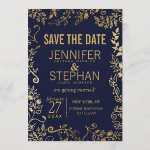 Invitación Elegantes fechas de guardado florales en azul mari