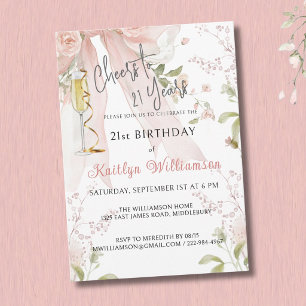 Invitación Elegantes Felicidades por 21 Años Lazo Rosa Floral