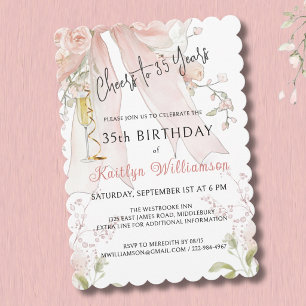 Invitación *Elegantes Felicidades por 35 Años Lazo Rosa Flora