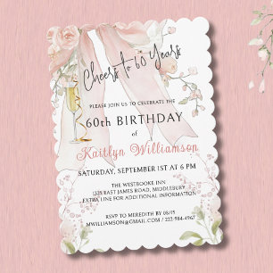 Invitación Elegantes Felicidades por 60 Años Lazo Rosa Floral