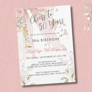Invitación Elegantes Felicitaciones por 50 Años Lazo Rosa Flo