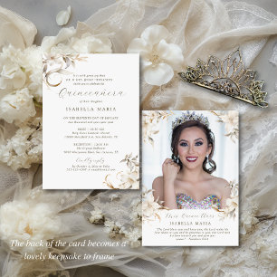 Invitación Elegantes Florales Blancas de Plata Dorada Quincea