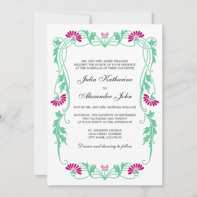 Invitación Elegantes Florales de hojas y Boda de Swirls (Anverso)