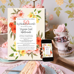Invitación Elegantes Florales Españoles Marco Blanco 50 cumpl