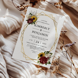 Invitación Elegantes florales otoñales y Boda de cuadros geom