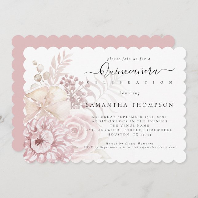 Invitación Elegantes Florales Rosa Dusty Quinceañera (Anverso / Reverso)