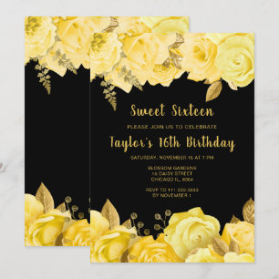 Invitación Elegantes flores amarillas y doradas Sweet Sixteen