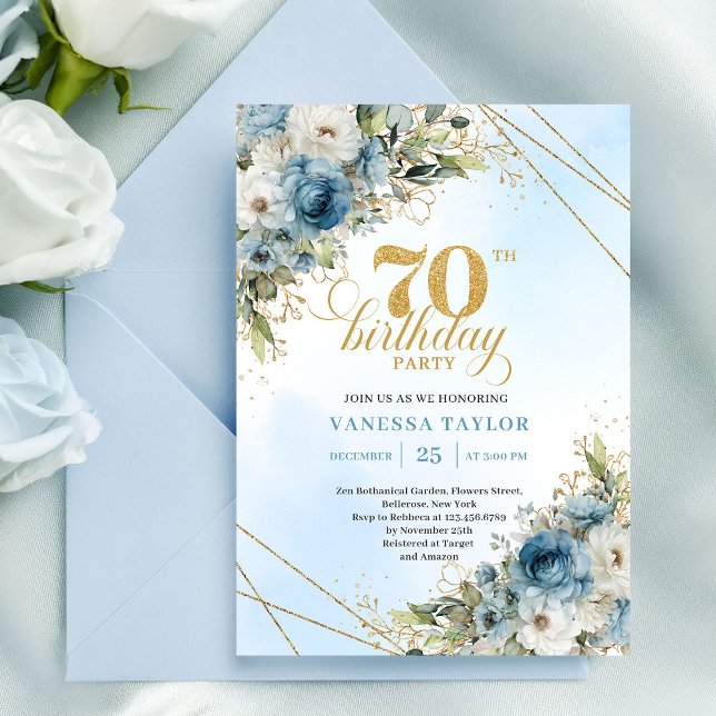 Invitación Elegantes flores azules bohemios dorados cumpleaño (Stylish bohemian blue florals gold 70th birthday invite

)