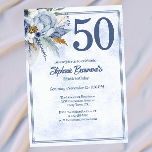 Invitación Elegantes flores azules para la fiesta de cumpleañ