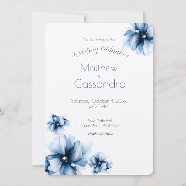 Invitación Elegantes flores azules polvorientas de boda navy  (Anverso)
