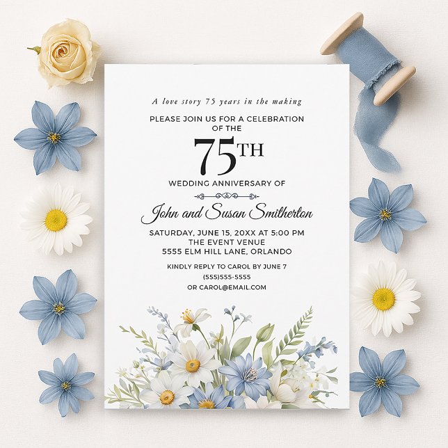 Invitación Elegantes Flores Azules y Blancas Polvorientas 75º (Elegant dusty blue watercolor floral and white daisies 75th wedding anniversary invitation)