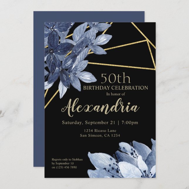 Invitación Elegantes flores azules y fiesta de cumpleaños de  (Anverso / Reverso)