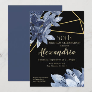 Invitación Elegantes flores azules y fiesta de cumpleaños de