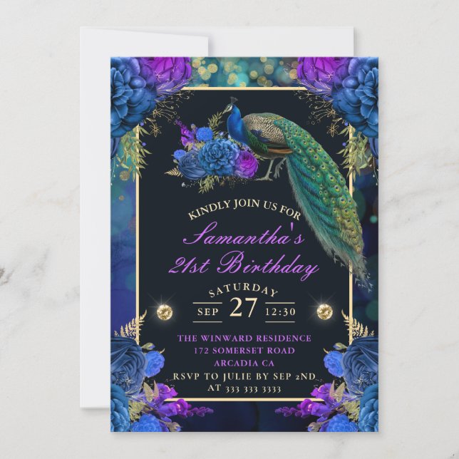 Invitación Elegantes flores azules y moradas Cumpleaños del p (Anverso)